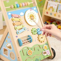 Anti-Rollover Design Multifunctional Learning Stroller Hand-Eye Coordination Wooden Activity Stroller Fine Movement Skills Development Infant Toy Built-in Storage for Playroom