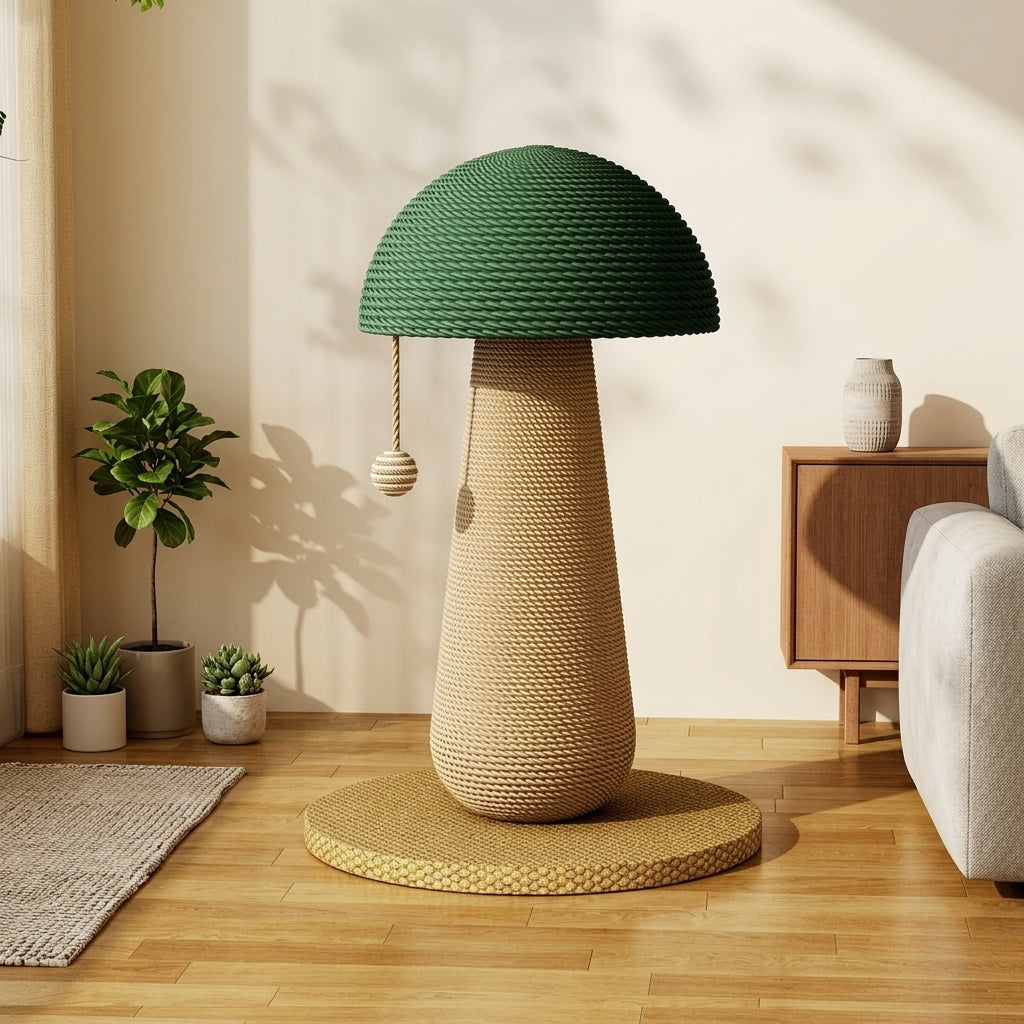 Cat Scratcher Mushroom Post with 2 Scratching Pillar Toys, Oval Density Board Ground Type Scratch Post for Adult Cats and Indoor Kitten Tree