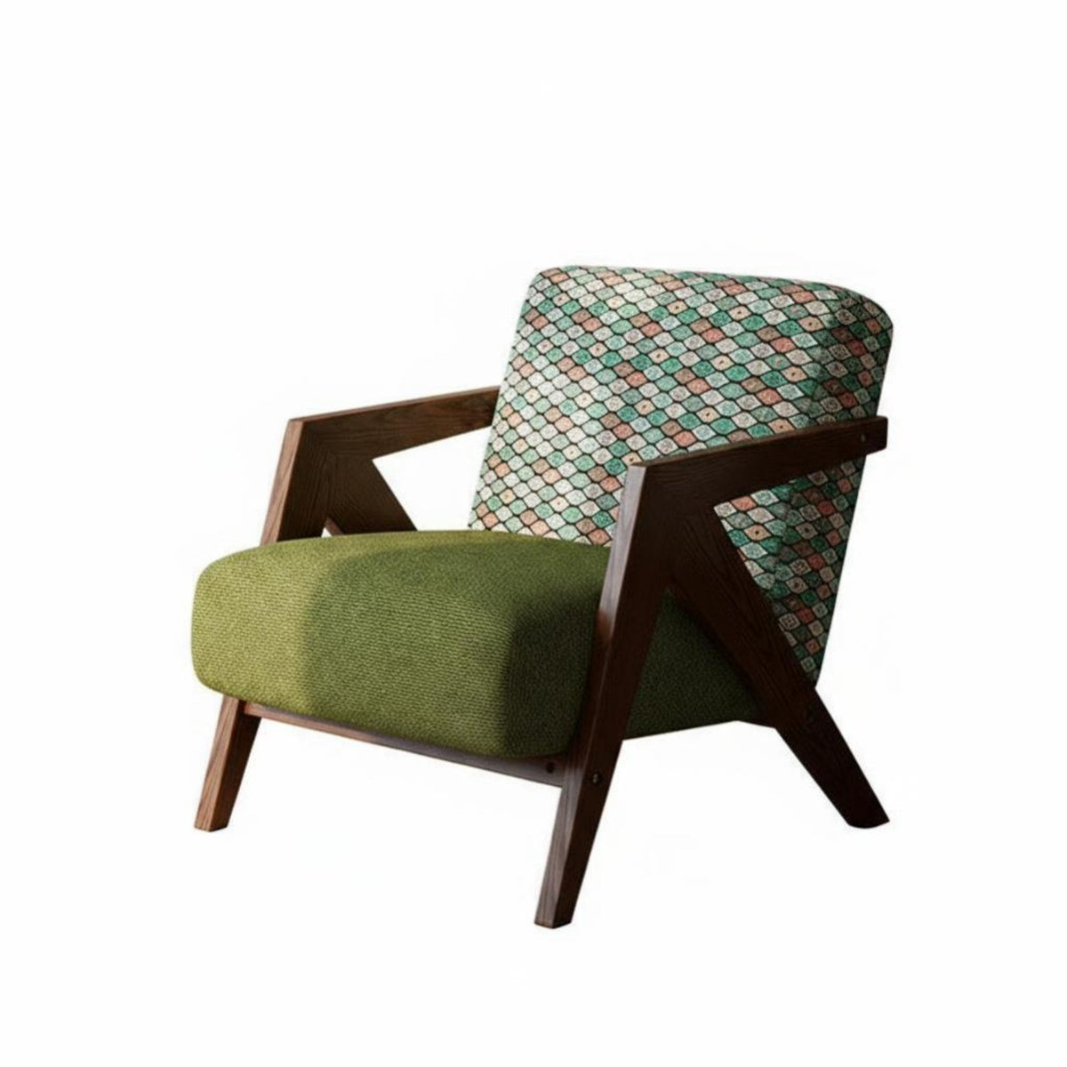 Mid-20th Century-Century Modern Design Wooden Frame Armchair Designer Inspired Angular Frame Armchair Vintage Aesthetic Accent Chair Comfortable Cushioning for Interior Designers, Office Workers, Living Room, Balcony, Bedroom, Reading Nook