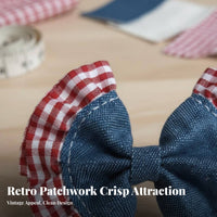 Red Plaid Denim Bow Korean Design Denim and Gingham Bow Handmade Crafting Material for Crafters, Hobbyists, Craft Projects, Scrapbooking