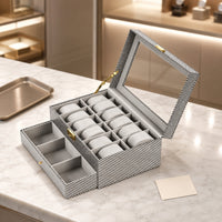 Gold-Tone Clasp Watch and Jewelry Case Gray Fabric Fabric-Lined Interior Watch Box with Drawer