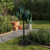 Decorative Detachable Hose Storage Stand Stable 4-Prong Base Metal Garden Hose Rack Double-Sided Hooks for Gardeners, Homeowners, Patio