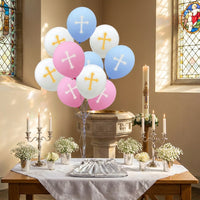 100 Pieces Latex Balloons Cross Print Balloons for Groups, Christians, First Communion Parties, Baby Shower, Party Supplies