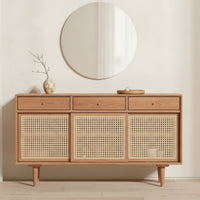 Cabinet with Cane Doors Cherry-Toned Sideboard Cabinet Wooden Credenza for Entryway, Dining Room, Coffee Station