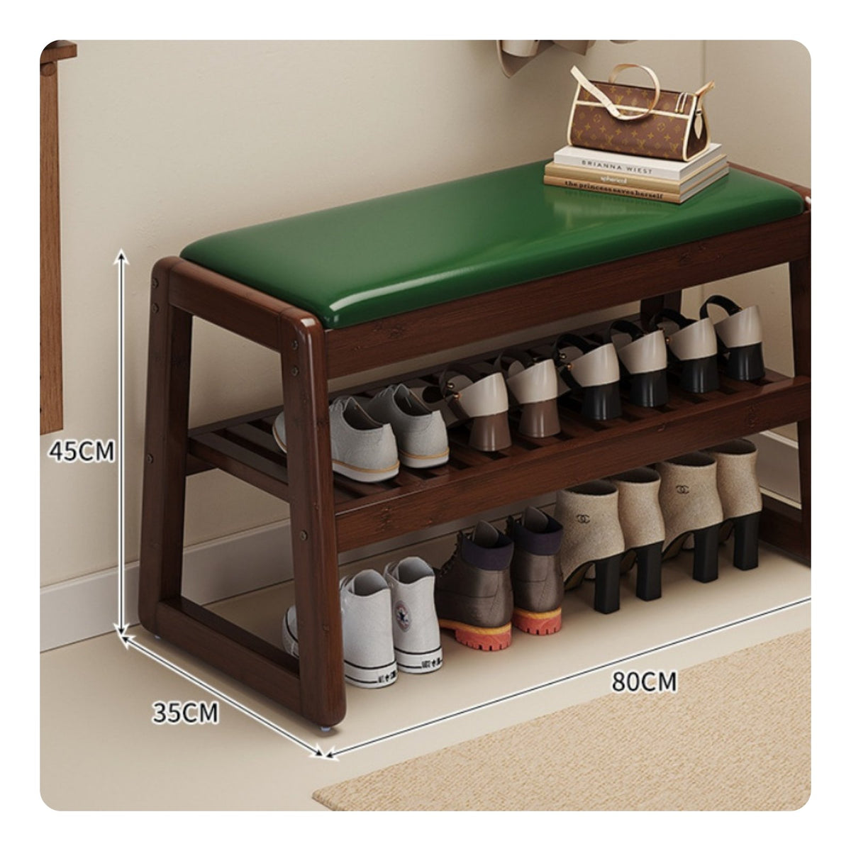 Comfortable Cushion Bamboo Entryway Bench Sturdy Construction Padded Shoe Storage Bench Polished Rounded Edges Padded Seat Shoe Rack Easy to Clean for Families, Mudroom, Hallway, Small Areas