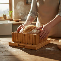 Stable Cutting Slots Bamboo Bread Cutter Easy to Clean Bread Slicing Board with Tray Space Saving Bamboo Toast Cutter for Home, Commercial