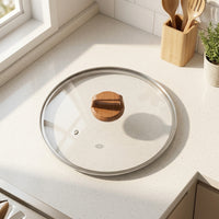 Frying Pan and Stainless Steel Pot Cover with Tempered Glass, Universal Frying Pan Lid with a Bar Wooden Handle, Wok and Saucepan Lid, 1 Pack