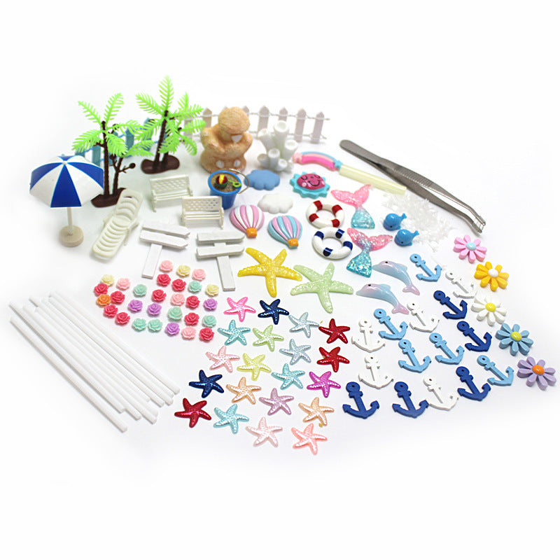 112-Piece Beach Micro Landscape Ornament Set with Coconut Trees, Umbrellas, and Starfish