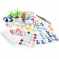 112-Piece Beach Micro Landscape Ornament Set with Coconut Trees, Umbrellas, and Starfish