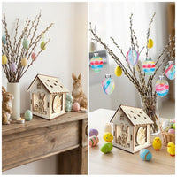 Easter Wooden House Hollow-Carved Design Wooden Easter Craft Set Creative Fun Paintable Wood Cabin for Crafters, Tabletop Display, Classroom Activity