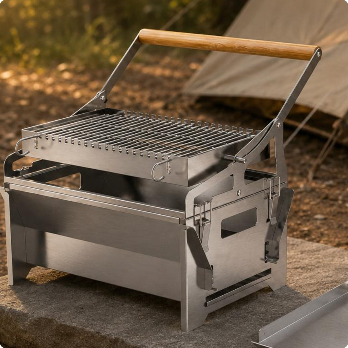Portable Flip Barbecue Grill Wooden Handle Camping Cooker Easy to Clean Outdoor Cooking Gear for Picnic