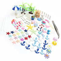 112-Piece Beach Micro Landscape Ornament Set with Coconut Trees, Umbrellas, and Starfish