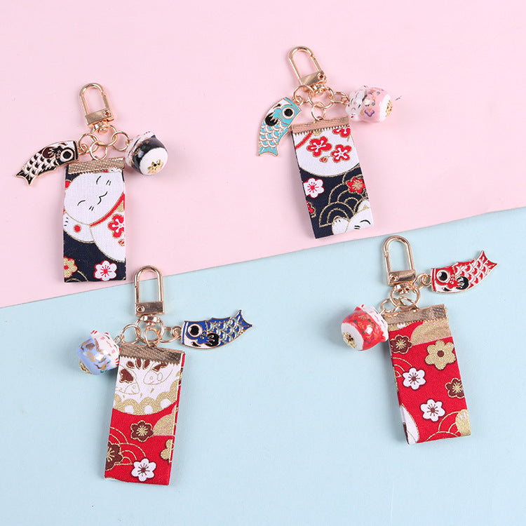 Ceramic Lucky Cat Keychain with Tassel for Bags and Car Keys