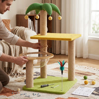Coconut Tree Cat Climber Activity Centre with Round Base, Sisal Rope Scratching Tree Indoor Playhouse for Adult Cats
