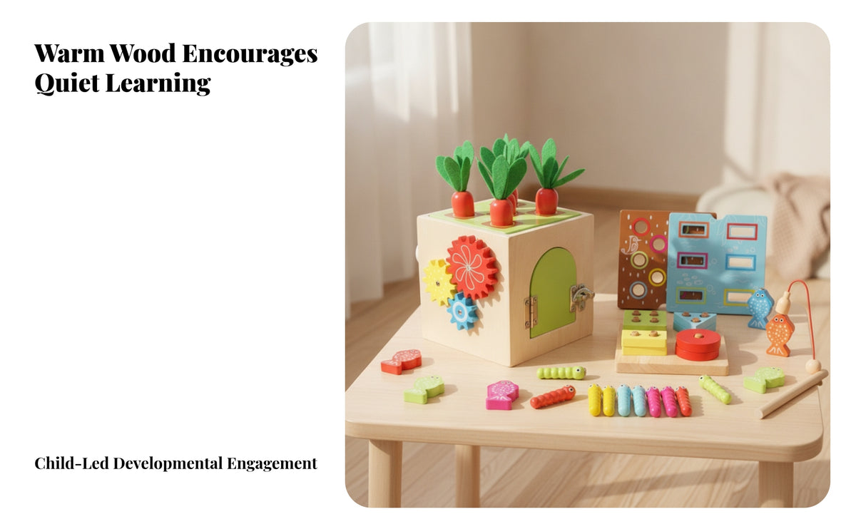 Fine Motor Skills Wooden Busy Box with Gears Interactive Activity Cube with Latches Multifunctional Sensory Toy with Carrots Educational for Toddlers, Babies, Playroom, Preschool
