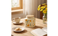 Decorative Ceramic Jar with Wooden Lid Airtight Lemon Print Canister Moisture-Proof Ceramic Jar with Lid Cute for Homeowners, Bakers, Kitchen Counter, Pantry, Coffee Bar