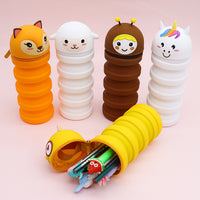 Retractable Silicone Pencil Case with Cartoon Animal Design, Stand-up Pen Holder for Students