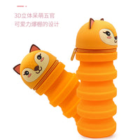 Retractable Silicone Pencil Case with Cartoon Animal Design, Stand-up Pen Holder for Students