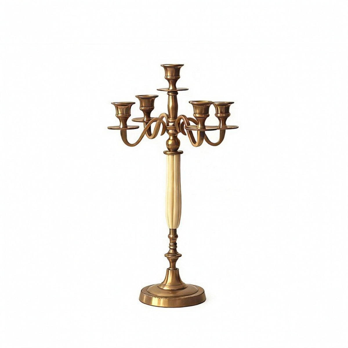 Five-Arm Candelabra Brass-Colored Tabletop Candelabra Sculptural Candlestick Holder with Round Base for Entryway