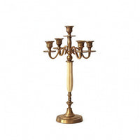 Five-Arm Candelabra Brass-Colored Tabletop Candelabra Sculptural Candlestick Holder with Round Base for Entryway
