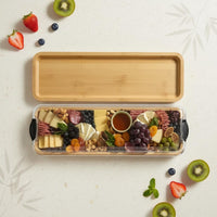 Built-in Compartments Bamboo Serving Tray with Lid Easy-Snap Locking System Divided Food Tray with Handles Food-Safe Safe Reversible Compartment Platter for Party Hosts, Picnic, Potluck