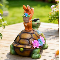 Resin Rabbit Statue with Turtle Whimsical Rabbit Statue with Solar Panel Weather-Resistant Bunny Figurine Waterproof for Gardeners, Homeowners, Patio, Flowerbed, Balcony