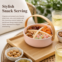 Small Ceramic Snack Serving Platter, Divided Serving Platter with Bamboo Handle, Japanese-Inspired Snack Tray for Entertaining Guests