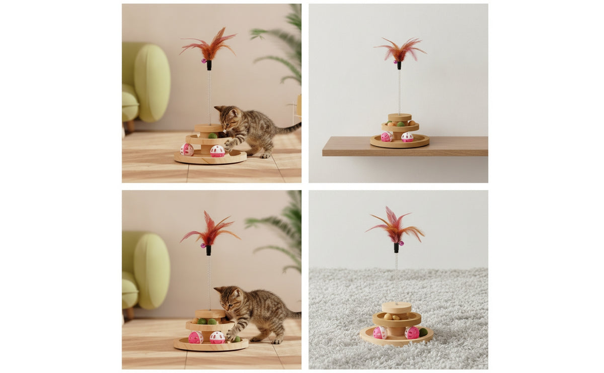 Cat Toy with Feather Teaser Two-Tier Interactive Cat Toy Indoor Sturdy for Cats, Living Room, Bedroom