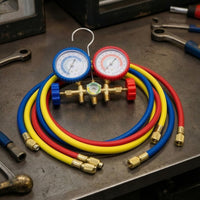 Climate Control Gauge Set with Hoses Heavy-Duty Automotive Climate Control Gauge Set Triple-Port for  Technicians, Workshop