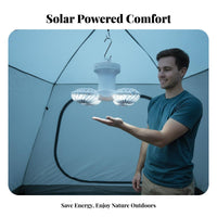 Double Charging Solar Camping Fan Light Multiple Lighting Modes Rechargeable Tent Light Fan Battery Level Indicator for Hiking, Beach