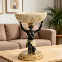 Woven-Look Basket Tray Figurine Gold-Toned Hand-Painted Resin Figurine Tabletop Home Decor Round Base