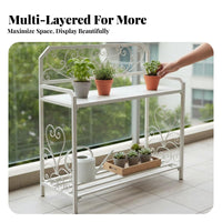 2 Pieces Vintage Design 2-Tier Stepped Rack Freestanding 2-Piece Ornate Planter Bench Space-Saving Design Plant Stand Easy Assembly for Gardeners, Homeowners, Decor Enthusiasts, Balcony, Courtyard, Outdoors, Entryway