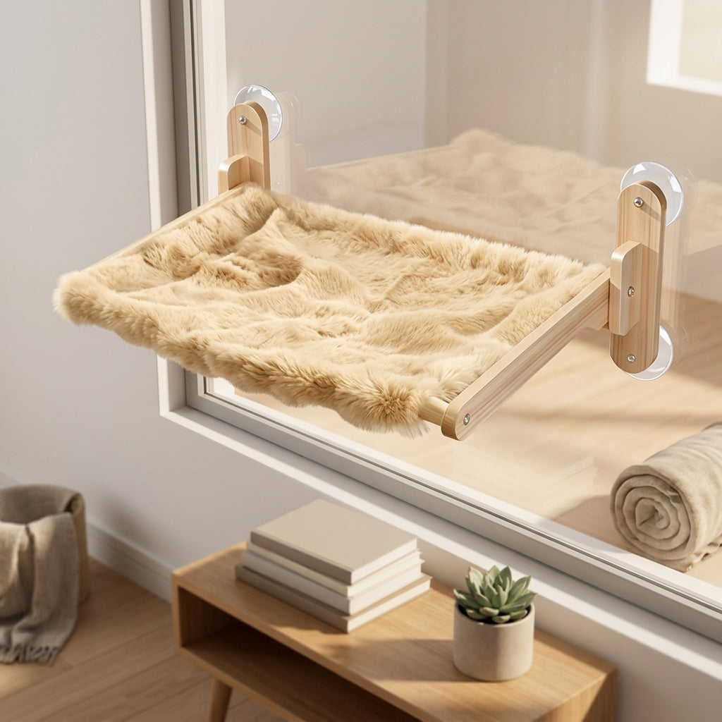 Cat Window Perch Hammock, Rectangular Wood Frame Mesh Lounger, Strong Suction Cup Cat Bed for Indoor Cats, Detachable Seat Fits Most Panes