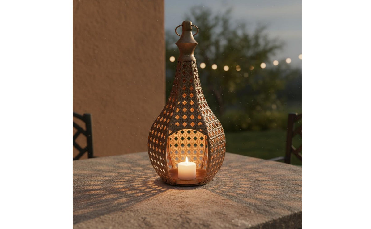 Warm Ambient Radiance Moroccan Design Candle Lantern Hanging or Freestanding Moroccan Design Hollow Lantern Hollow Metal Candlestick for Tabletop, Living Room, Wedding, Restaurant