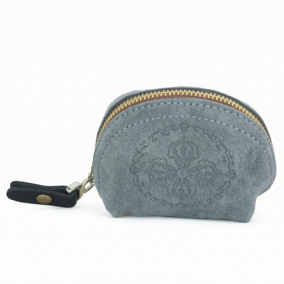 Suede Texture Leather Pouch Gold Zipper Jewelry Storage Pouch Embossed Floral Portable Jewelry Organizer