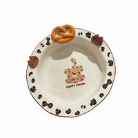 Great Gift Leopard Print Cat Bowl Cartoon Kitten Ceramic Plate Handmade Design Dessert Bowl for Children, Breakfast