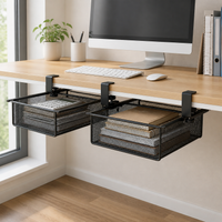 Black Carbon Steel Under Desk Cable Management, Pull Out Cable Tray, Small 18L Foldable Metal Organiser, Modern Minimalist Design