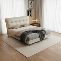 Cream Leather Tufted Bed Light Luxury Style Modern Leather Bed Frame Solid Wood Slat Base Bedroom Furniture for Couples, Small Apartment