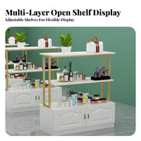 Minimalist Design Double-Sided Display Cabinet Large Storage Capacity Freestanding Island Display Easy to Assemble Multi-Layer Merchandise Rack Heavy-Duty for Salon Owners, Shopkeepers, Homeowners, Maternity and Baby Shop, Boutique, Showroom, Supermarket