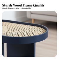 Nordic Design Oval Cane-Topped Side Table Woven Top Compact End Table with Storage Minimalist Design Nightstand Multi-Purpose for Homeowners, Apartment Dwellers, Students, Living Room, Bedroom, Balcony, Office