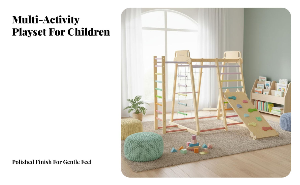 Wooden Climbing Frame with Slide Solid Wood Indoor Playset with Swing and Sturdy Wooden Climber Playset for Young Children, Playroom, Home