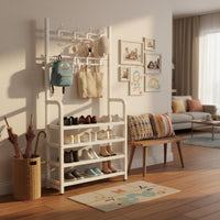 Multi-Functional Entryway Organizer with Shoe Storage Space Saving Coat and Shoe Rack Easy Assembly Freestanding Coat Rack with Shelves Heavy Duty for Hallway, Bedroom, Closet