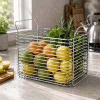Ventilated Stainless Steel Wire Basket Silver Shiny Finish Handled Basket Raised Handles Household Storage Rectangular