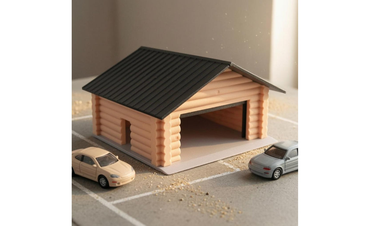 Gabled Roof Parking Garage Model Beige Log-Style Walls Miniature Parking Garage Open-Front