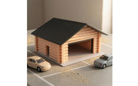 Gabled Roof Parking Garage Model Beige Log-Style Walls Miniature Parking Garage Open-Front