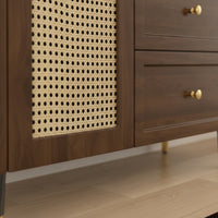 Storage Cabinet with Rattan Doors Wood-Grain Rattan Sideboard Wooden Floor Cabinet with Legs for Renters, Dining Room, Entryway, Kitchen
