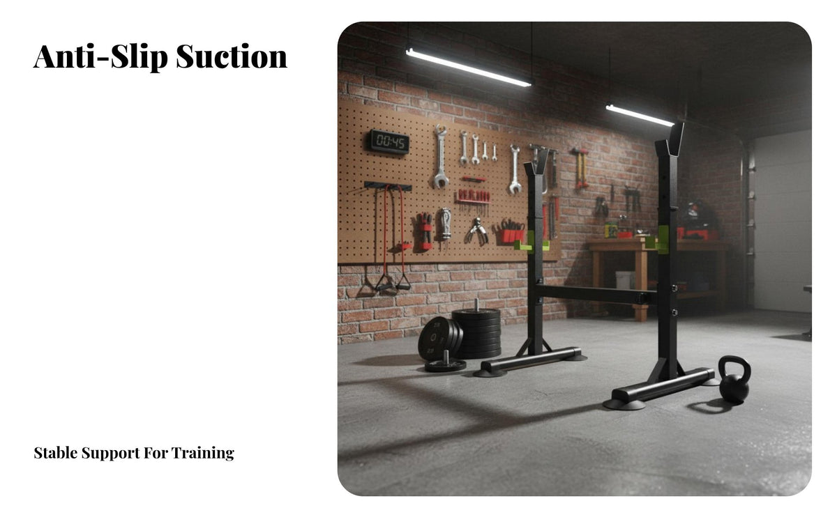 Heavy Duty Adjustable Squat Rack Non-Slip Feet Bench Press Rack Anti-Tip Design Split Squat Stand Plate Storage Pegs for Home Gym