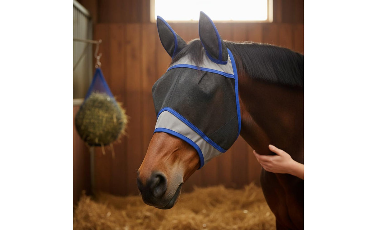 Wide Field of Vision Horse Fly Mask Durable Fly Mask with Ears Soft Edging for Horses, Pasture, Outdoor, Stable