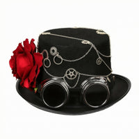 Black Steampunk Top Hat Silver-Tone Chain Top Hat with Goggles Wide Brim