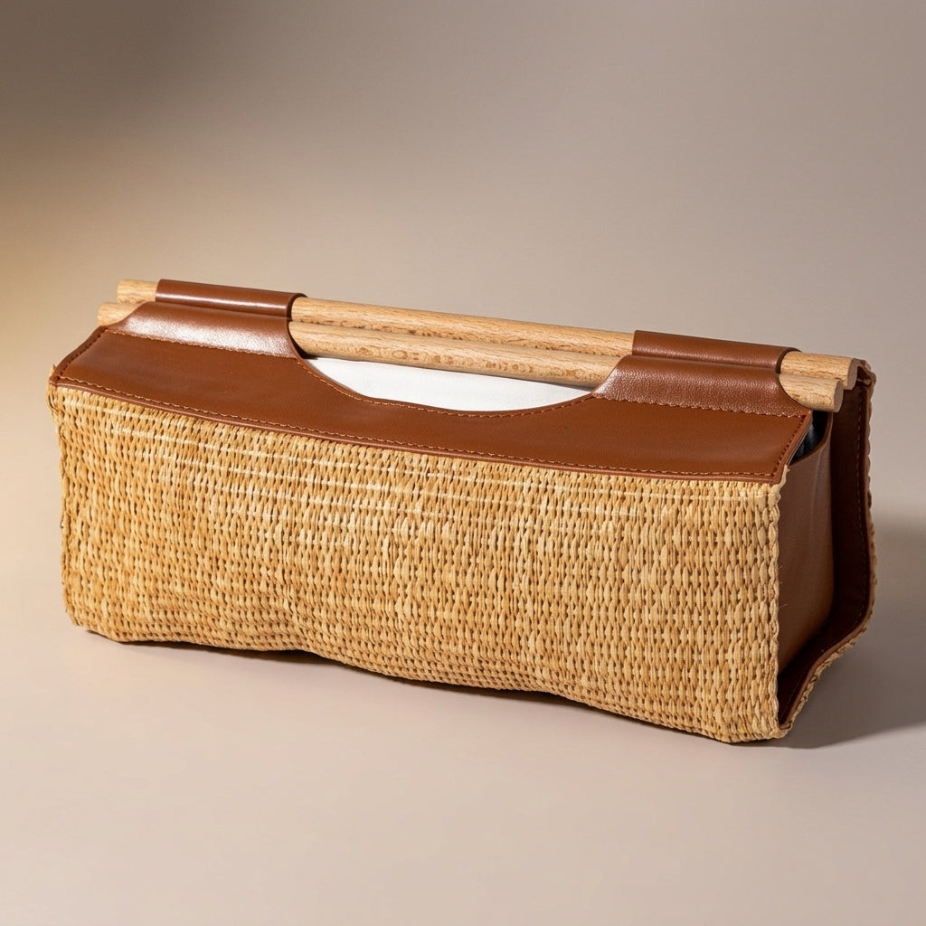 Tissue Paper and Rattan Tissue Box for Bedroom Decor, Rectangular Tissue Box Holder with Pull-Tab Handle, Home Office Desk Organizer, Gift